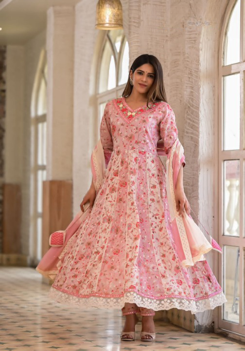 Blush Pink Floral Print Cotton Anarkali Suit Set With Dual Shade Dupatta