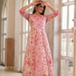 Blush Pink Floral Print Cotton Anarkali Suit Set With Dual Shade Dupatta