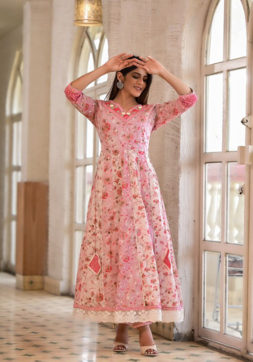 Blush Pink Floral Print Cotton Anarkali Suit Set With Dual Shade Dupatta