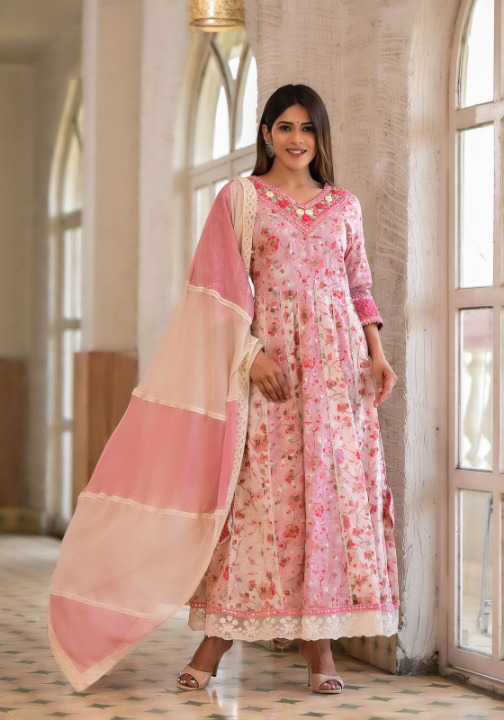 Blush Pink Floral Print Cotton Anarkali Suit Set With Dual Shade Dupatta