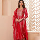 Red Designer Rayon Side Slit Embroidered Kurti Apnt Set With Organza Dupatta