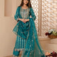 Teal Designer Rayon Side Slit Embroidered Kurti Pant Set With Organza Dupatta