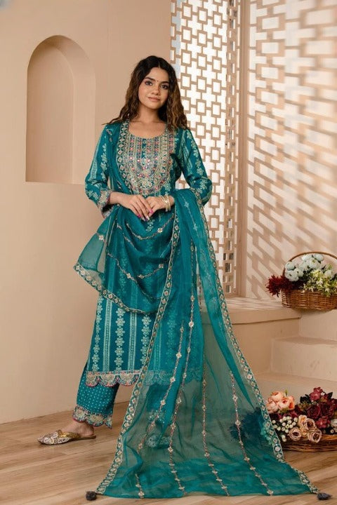 Teal Designer Rayon Side Slit Embroidered Kurti Pant Set With Organza Dupatta