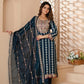 Indigo Designer Rayon Side Slit Embroidered Kurti Pant Set With Organza Dupatta