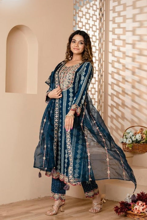 Indigo Designer Rayon Side Slit Embroidered Kurti Pant Set With Organza Dupatta