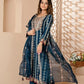 Indigo Designer Rayon Side Slit Embroidered Kurti Pant Set With Organza Dupatta