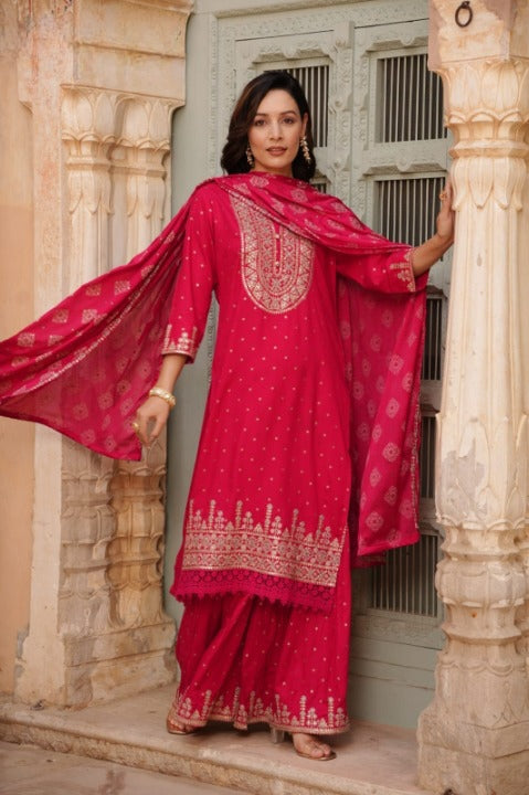 Red Designer Rayon Nyra Cut Embroidered Kurti Sharara Set With Dupatta