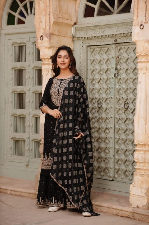 Black Designer Rayon Nyra Cut Embroidered Kurti Sharara Set With Dupatta