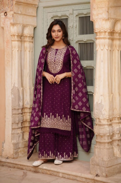 Wine Color Designer Rayon Nyra Cut Embroidered Kurti Sharara Set With Dupatta