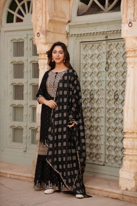 Black Designer Rayon Nyra Cut Embroidered Kurti Sharara Set With Dupatta