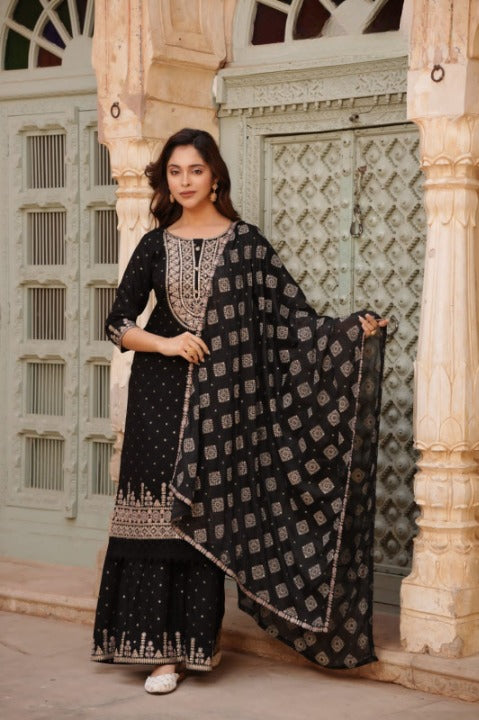 Black Designer Rayon Nyra Cut Embroidered Kurti Sharara Set With Dupatta