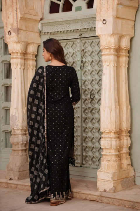 Black Designer Rayon Nyra Cut Embroidered Kurti Sharara Set With Dupatta