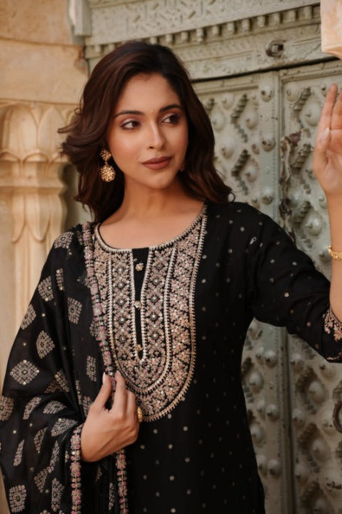 Black Designer Rayon Nyra Cut Embroidered Kurti Sharara Set With Dupatta