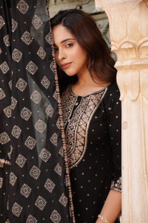 Black Designer Rayon Nyra Cut Embroidered Kurti Sharara Set With Dupatta