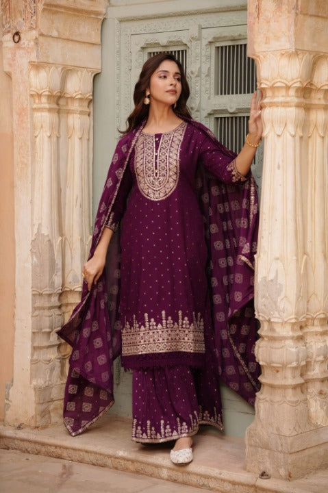 Wine Color Designer Rayon Nyra Cut Embroidered Kurti Sharara Set With Dupatta