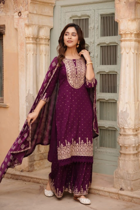 Wine Color Designer Rayon Nyra Cut Embroidered Kurti Sharara Set With Dupatta