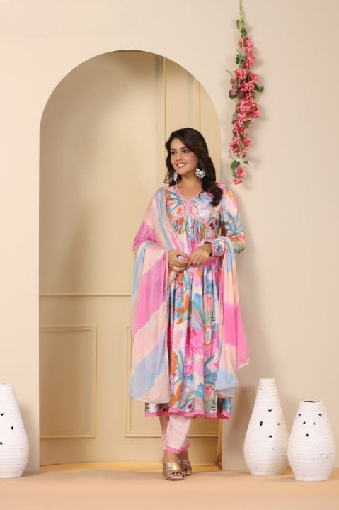 Pink Floral Muslin Kurti Pant Set With Dupatta