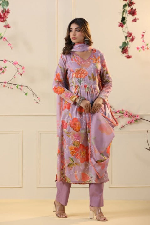 Dusty Rose Pink Digital Print Mulmul Cotton Anarkali Kurti With Pant And Dupatta