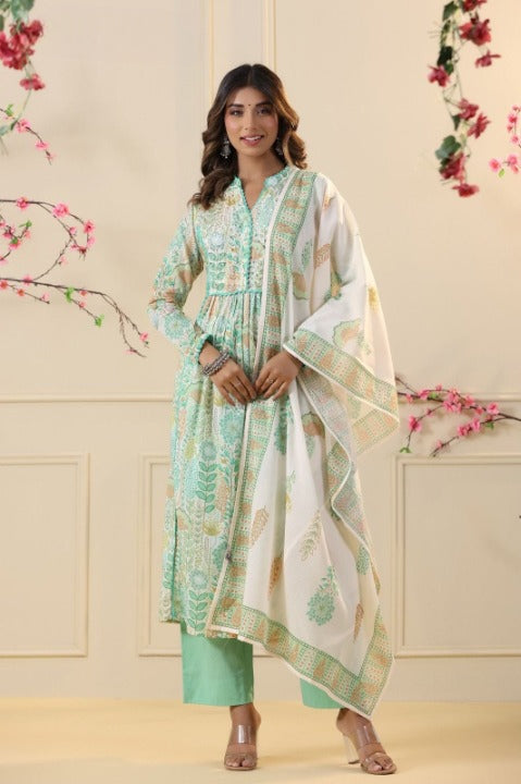 Lime Digital Print Mulmul Cotton Anarkali Kurti With Pant And Dupatta