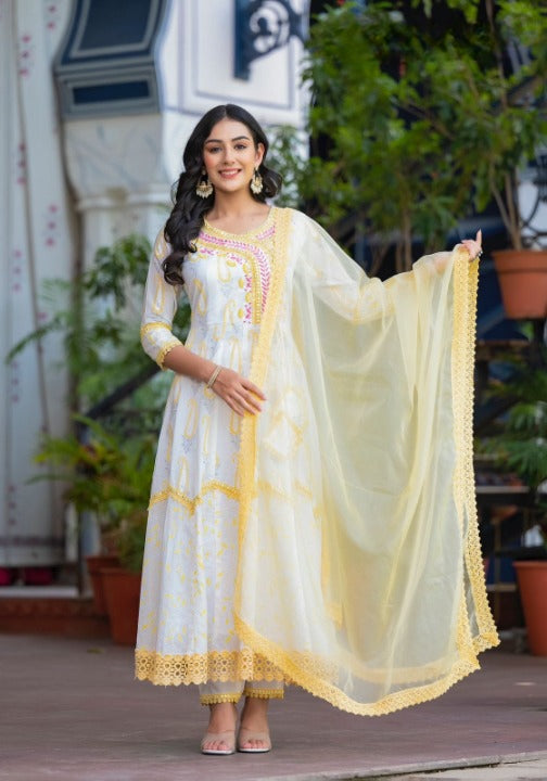 Yellow Cotton Floral Embroidered Anarkali Kurti Pant Set With Chiffon Dupatta