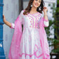 Pink Cotton Floral Embroidered Anarkali Kurti Pant Set With Chiffon Dupatta