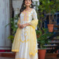 Yellow Cotton Floral Embroidered Anarkali Kurti Pant Set With Chiffon Dupatta