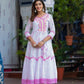 Pink Cotton Floral Embroidered Anarkali Kurti Pant Set With Chiffon Dupatta