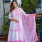 Pink Cotton Floral Embroidered Anarkali Kurti Pant Set With Chiffon Dupatta