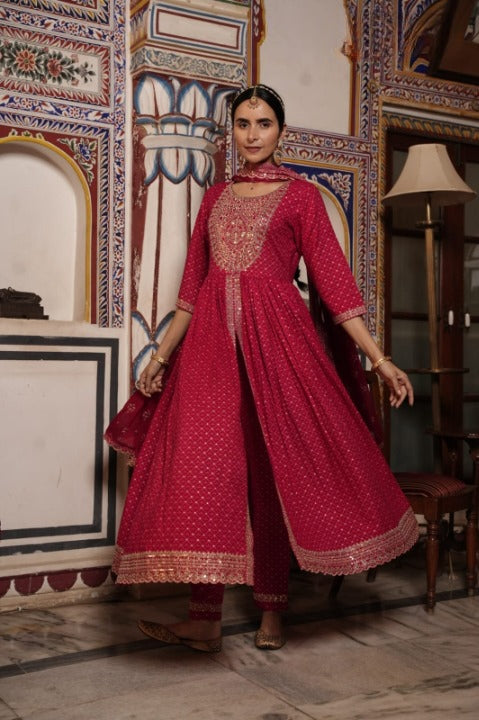 Red Rayon Front Slit Anarkali Kurti Pant Set With Rayon Dupatta