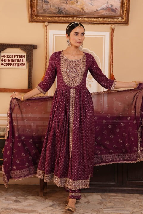 Maroon Rayon Front Slit Anarkali Kurti Pant Set With Rayon Dupatta