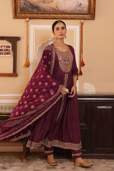 Maroon Rayon Front Slit Anarkali Kurti Pant Set With Rayon Dupatta