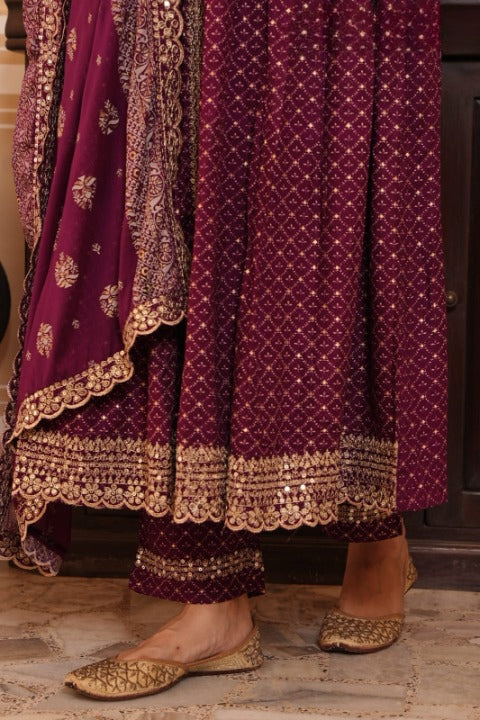 Maroon Rayon Front Slit Anarkali Kurti Pant Set With Rayon Dupatta