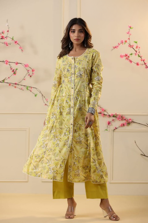 Yellow Floral Print Mulmul  Front Slit Suit Set With Pant 