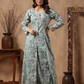 Blue Floral Print Mulmul  Front Slit Suit Set With Pant 