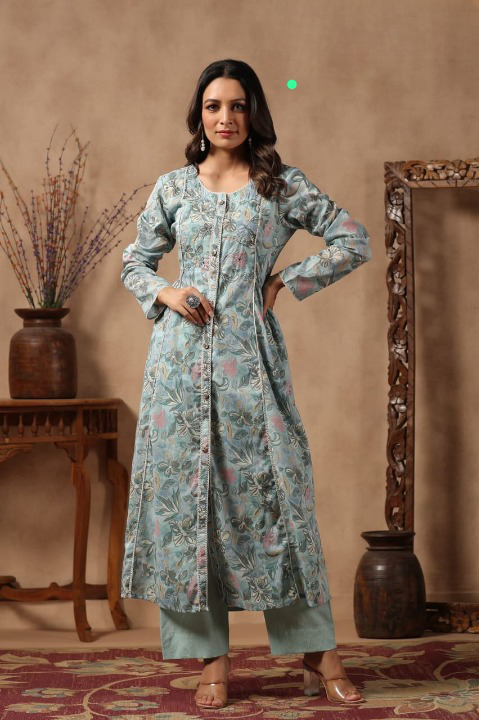 Blue Floral Print Mulmul  Front Slit Suit Set With Pant 