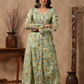 Green Floral Print Mulmul  Front Slit Suit Set With Pant 