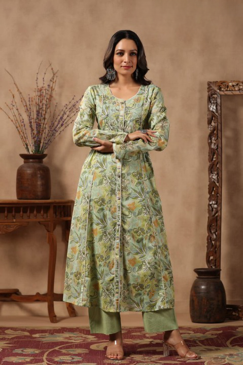 Green Floral Print Mulmul  Front Slit Suit Set With Pant 