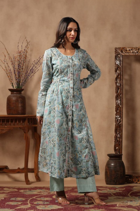 Blue Floral Print Mulmul  Front Slit Suit Set With Pant 