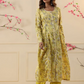 Yellow Floral Print Mulmul  Front Slit Suit Set With Pant 