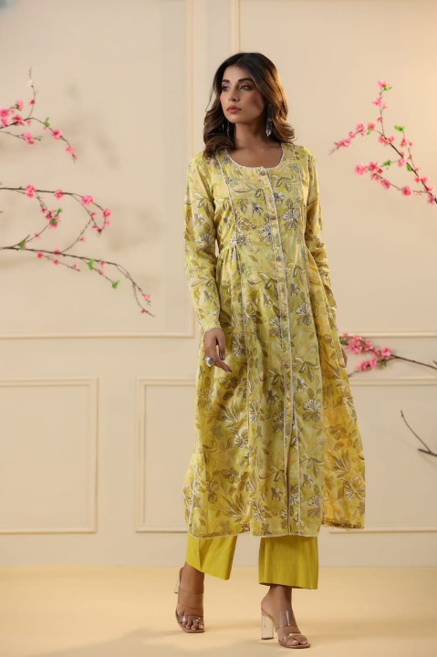 Yellow Floral Print Mulmul  Front Slit Suit Set With Pant 