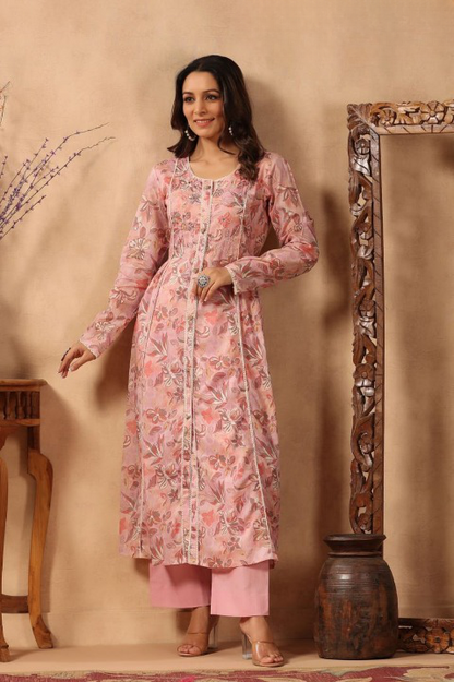 Pink Floral Print Mulmul  Front Slit Suit Set With Pant 