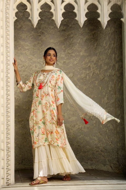 Cream Floral Print Muslin Kurti Suit Set With Skirt And Dupatta