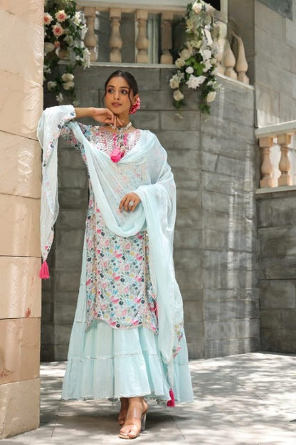 Light Blue Floral Print Muslin Kurti Suit Set With Skirt And Dupatta