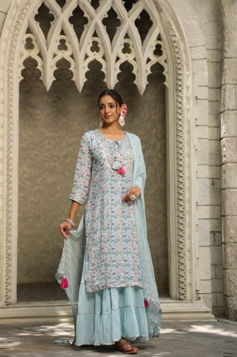 Powder Blue Floral Print Muslin Kurti Suit Set With Skirt And Dupatta