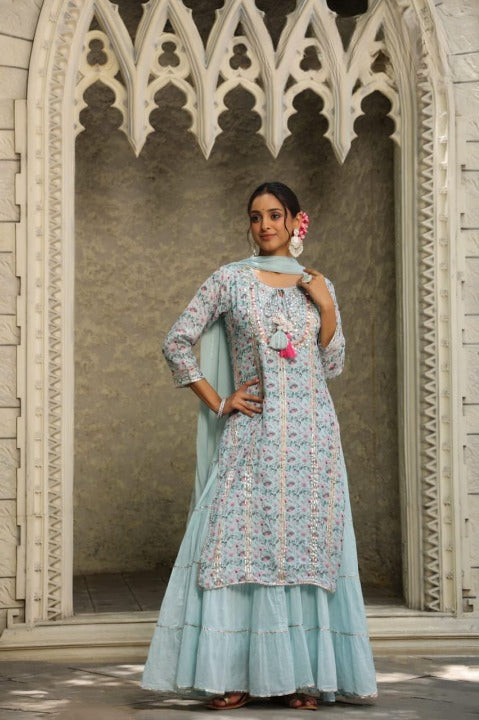 Powder Blue Floral Print Muslin Kurti Suit Set With Skirt And Dupatta