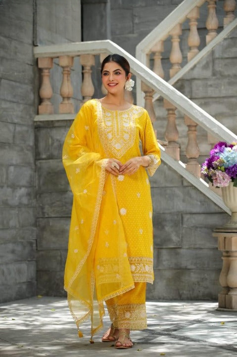 Yellow Nyra Cut Rayon Side Slit Kurti Set With Embroidered Pant and Organza Dupatta