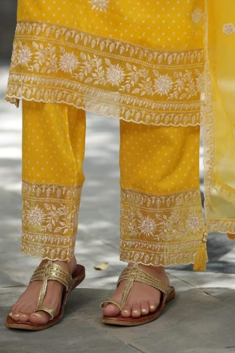 Yellow Nyra Cut Rayon Side Slit Kurti Set With Embroidered Pant and Organza Dupatta