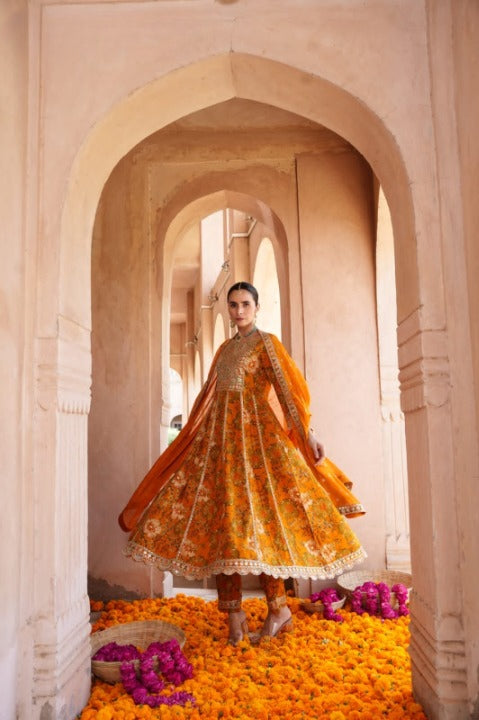 Marigold Orange Rayon Embroidered Anarkali Kurti Pant Set With Dupatta