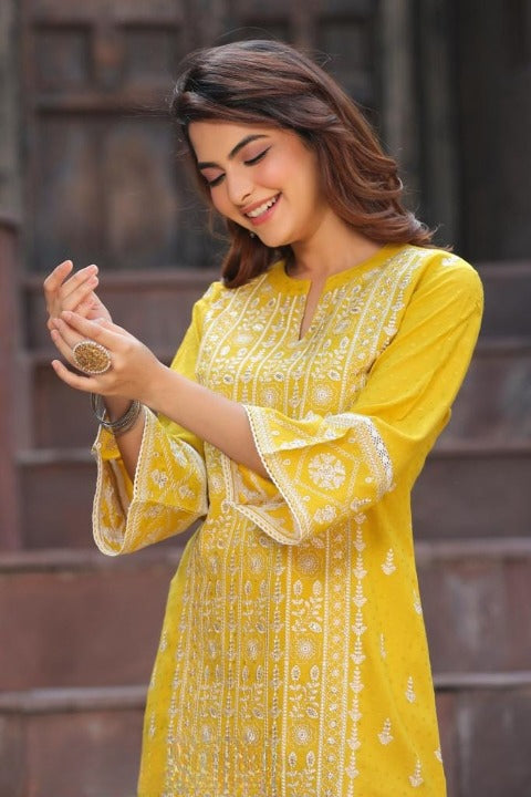 Yellow Designer Rayon Fabric Two Piece Embroidered Co-ord Set