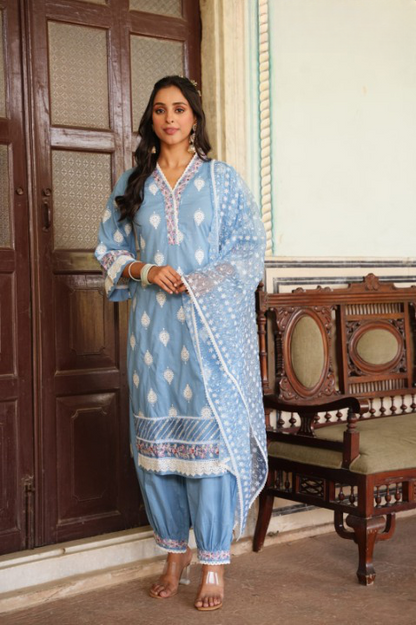 Powder Blue Three Piece Nyra Cut Cotton Straight Kurti Set With Harem Pant and Organza Dupatta